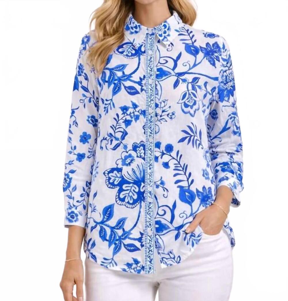 NEW AVANI DEL AMOUR garden delight blouse in blue and white